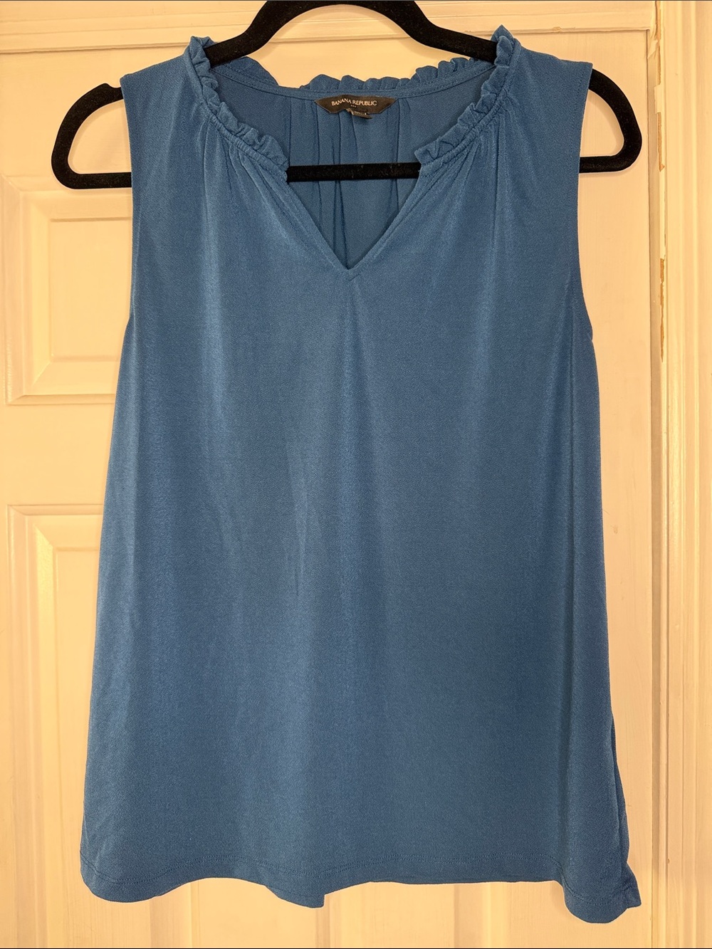 Banana Republic Dusty Blue Sleeveless V-Neck Ruffle Trim Top